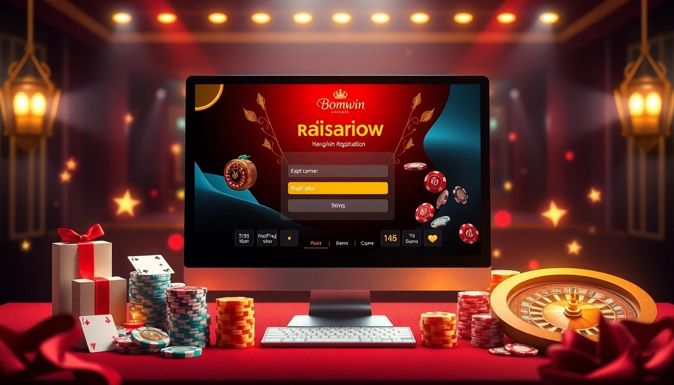 Register quickly on Đăng ký Bomwin interface with a luxurious casino setup showcasing vibrant betting graphics.