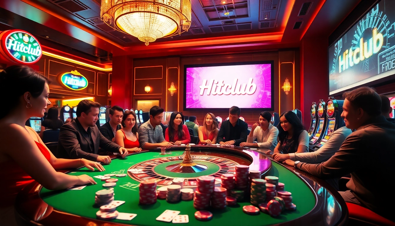 Hitclub casino scene with players enjoying roulette and slot machines in a vibrant, luxurious setting.