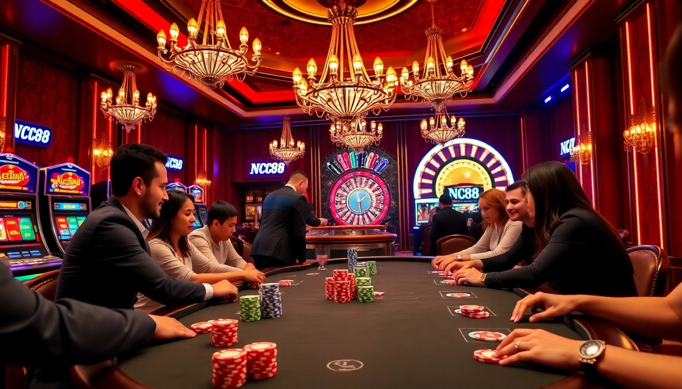 Action-packed poker game at Nc88 casino, highlighting chips, cards, and a roulette wheel.