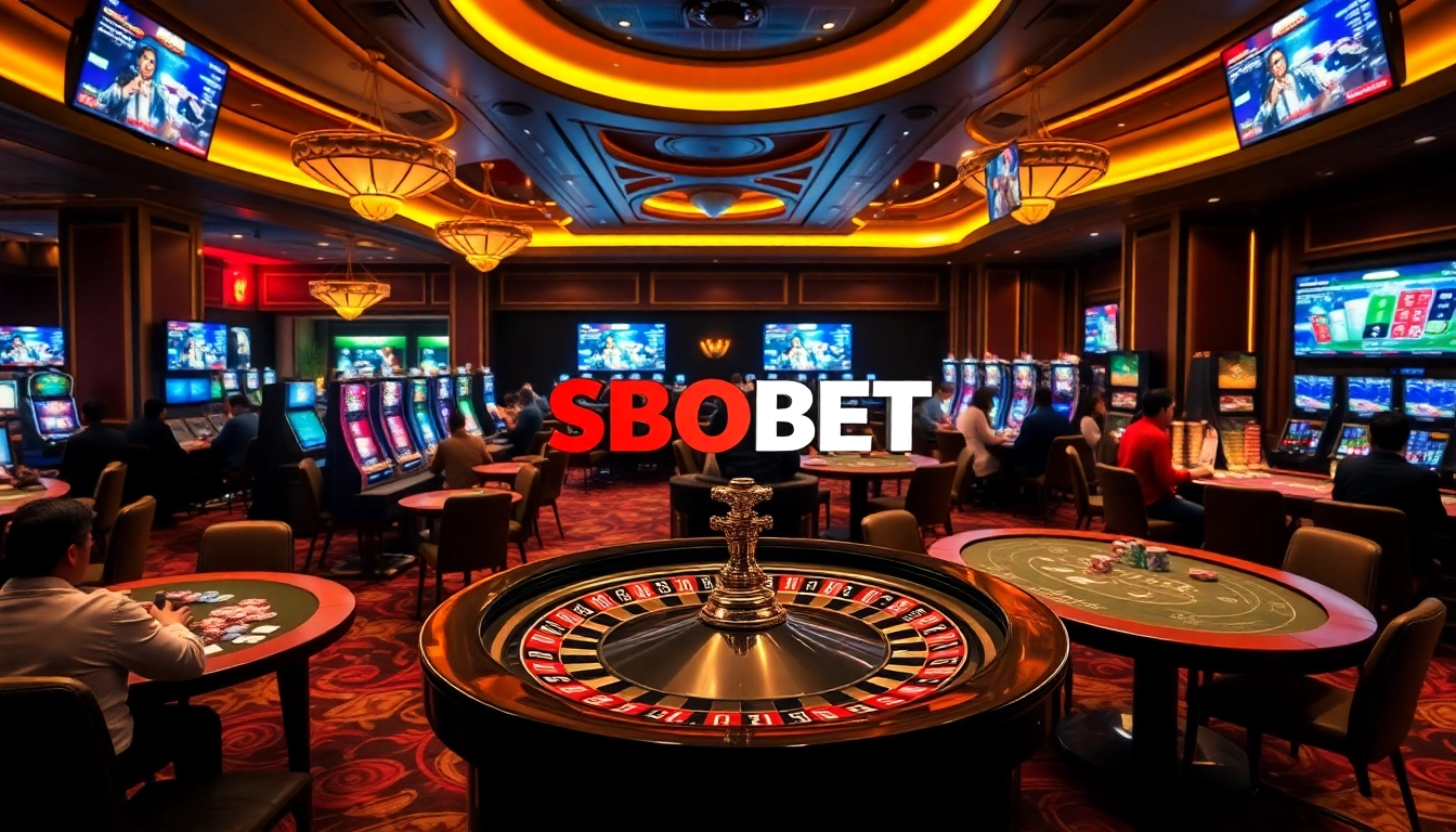 SBOBET logo in a luxurious casino setting with vibrant games and excited players.
