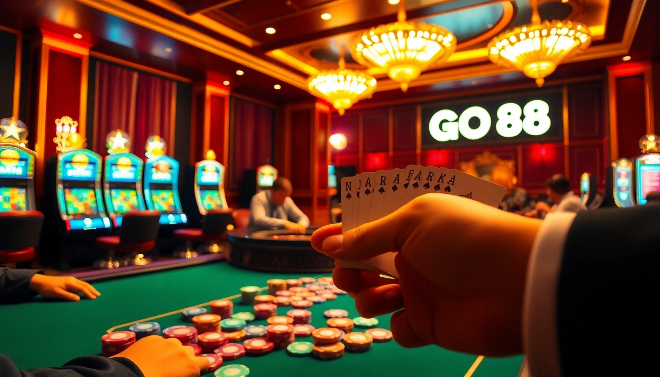Excited players winning at cards and roulette present a luxury experience at GO 88 casino.