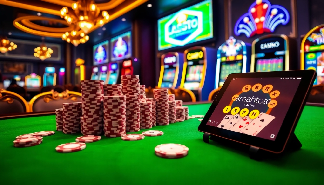 Experience the excitement of amanahtoto with a luxurious casino scene featuring poker and slot machines.