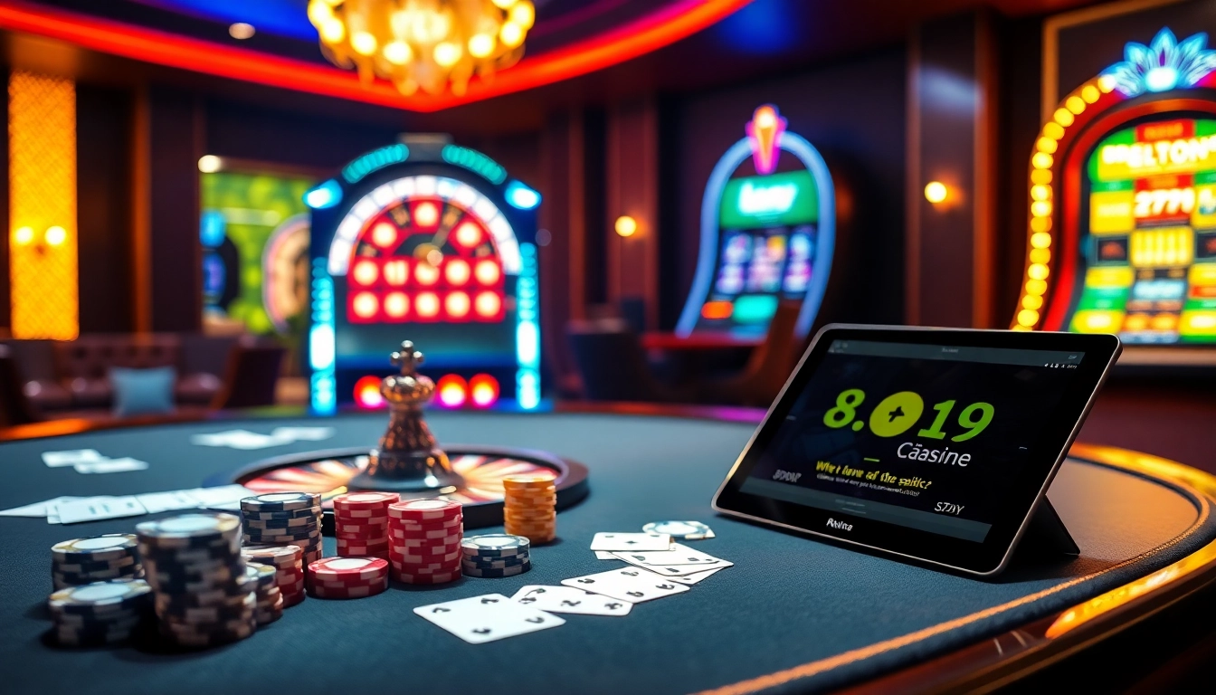 Experience the excitement of 8DAY casino with vibrant gambling scenes featuring poker chips and roulette wheels.