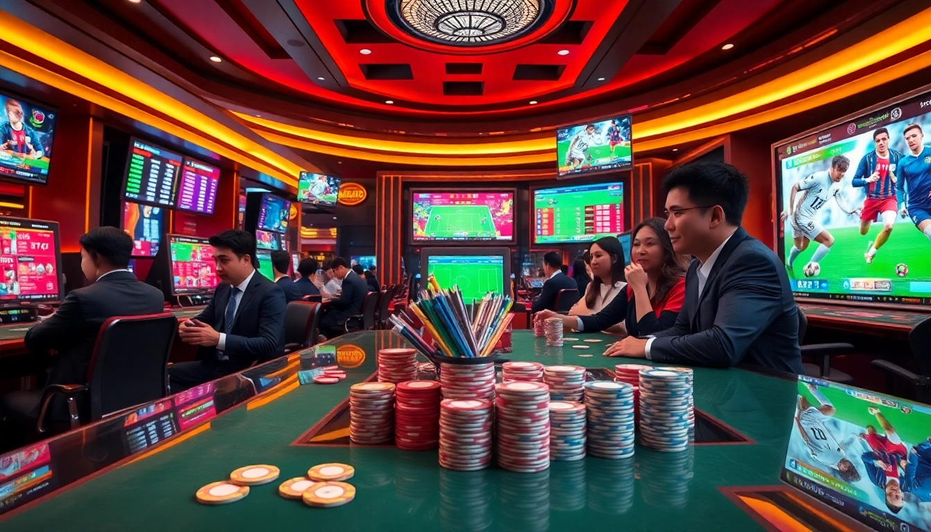 Cá độ bóng đá betting scene with enthusiasts engaged at modern sports betting terminals.