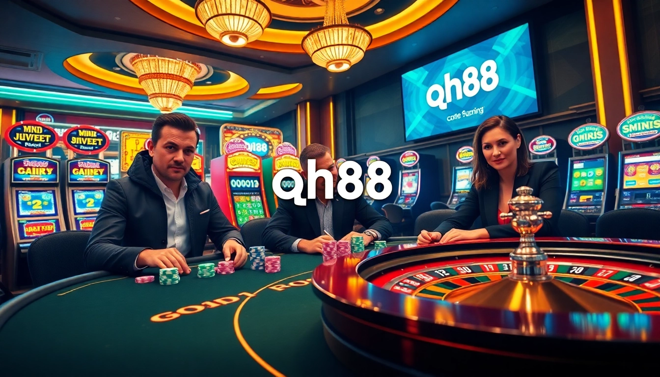 Engaging poker game scene highlighting qh88 logo, colorful chips, and a roulette wheel.