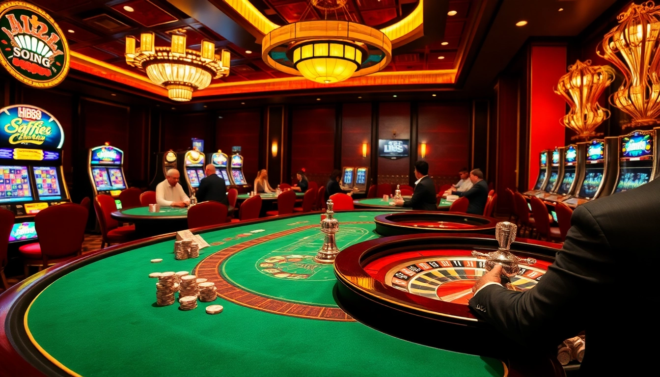 Experience the excitement of hb88 casino with lively gameplay at the poker table and vibrant slot machines.