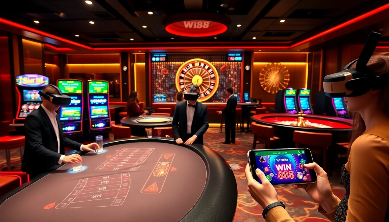 Experience thrilling gameplay at Win88, showcasing vibrant slot machines, poker players, and roulette action.