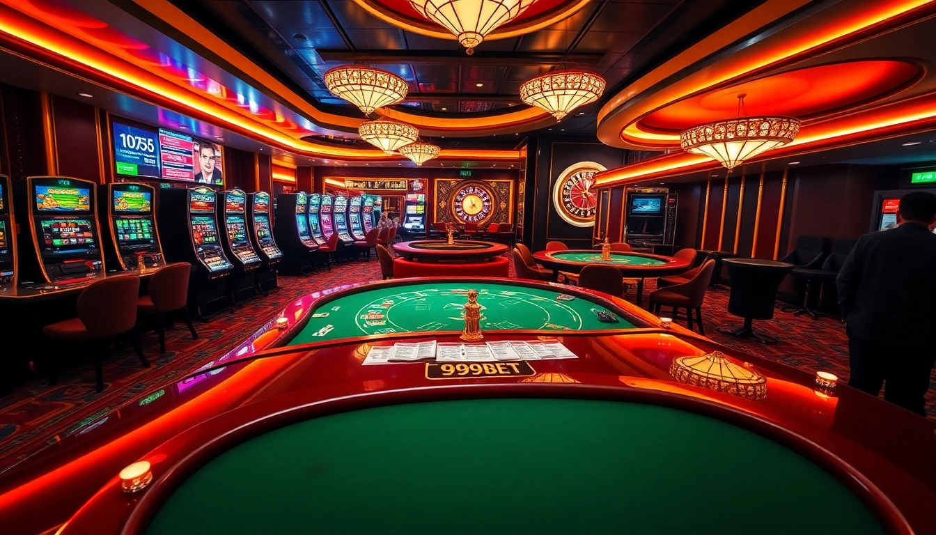 A dynamic casino scene with poker tables, slot machines, and roulette highlighting the excitement at 999BET.