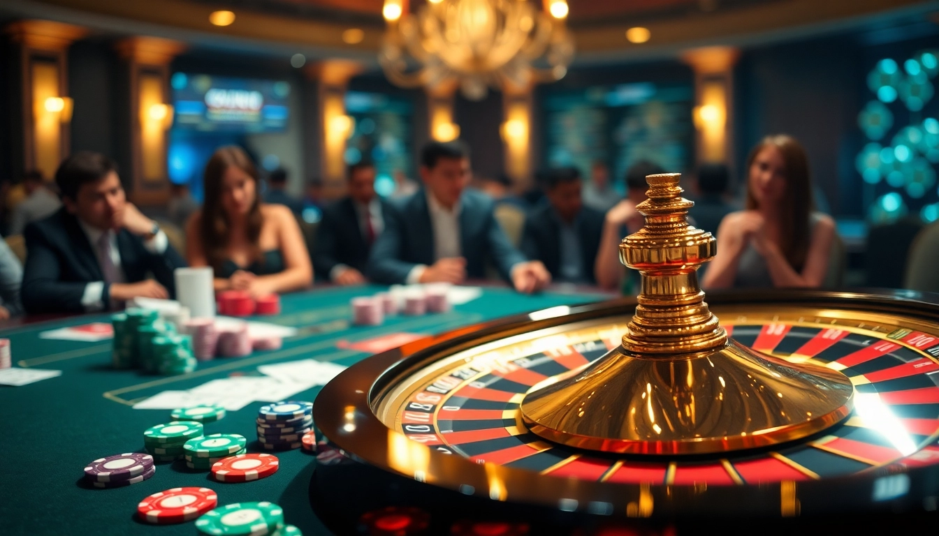 Engaging scene of a luxurious casino with chips and roulette wheel, centered on Giải mã giấc mơ theme.