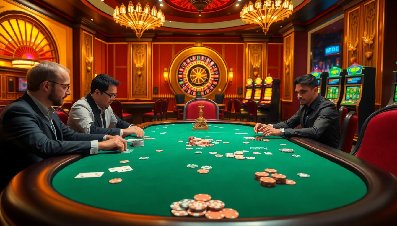 Intense poker game showcasing RR88's vibrant casino atmosphere with eager players and glamorous settings.