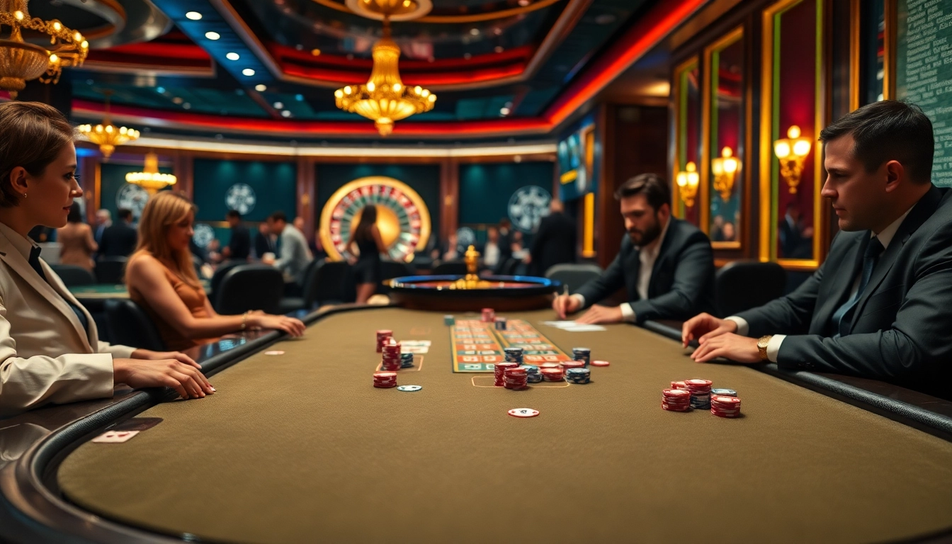 Experience high-stakes gaming with bomwin poker players at an elegant casino table.