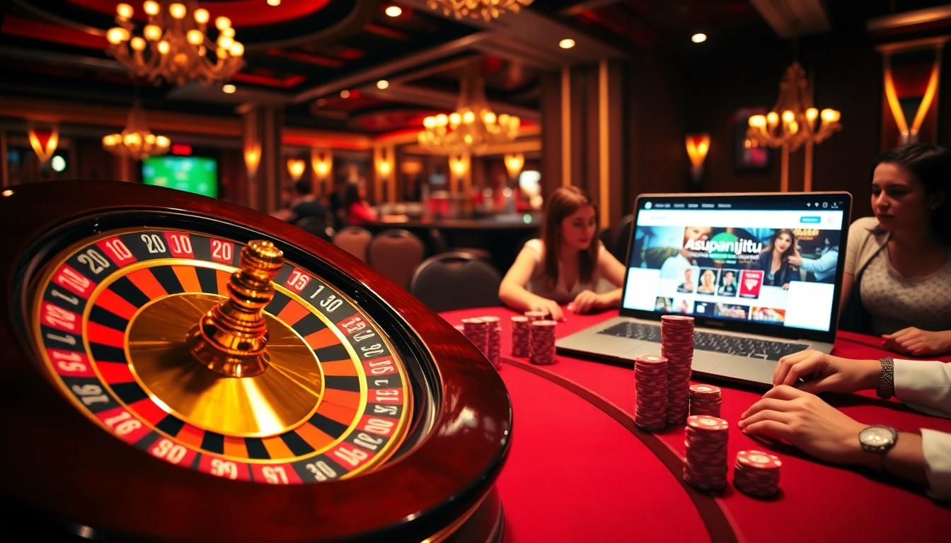 Players enjoying thrilling games at asupanjitu casino with roulette wheel and poker chips.