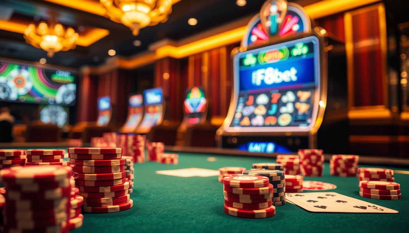 Experience the excitement of F8bet at a luxury casino, vibrant poker chips and cards in action.