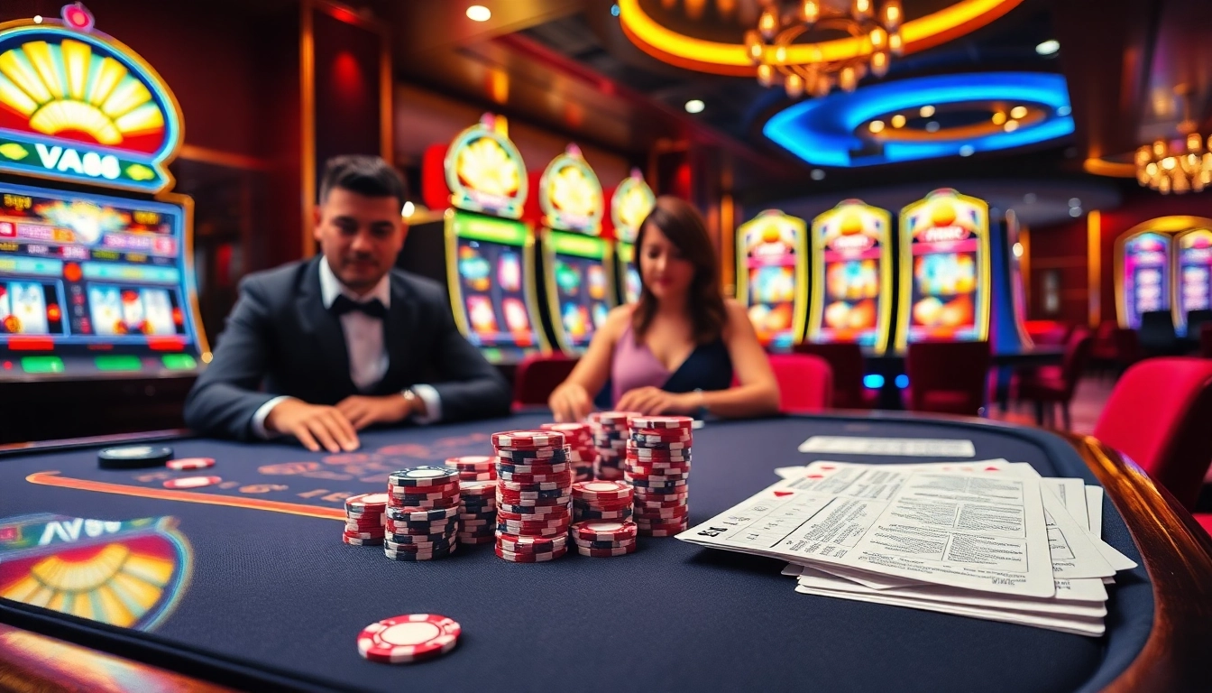 VA88 players enjoying an exciting game of poker at a luxury casino table.