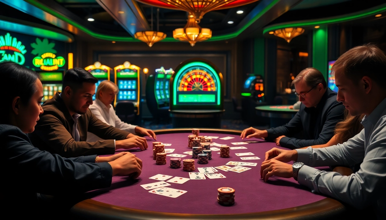 Players engaged in an intense game at the poker table, showcasing strategies at https://hbbet5.art/.