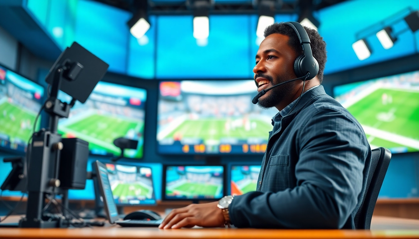 Engaging sports broadcasting scene with a passionate commentator in a modern studio.