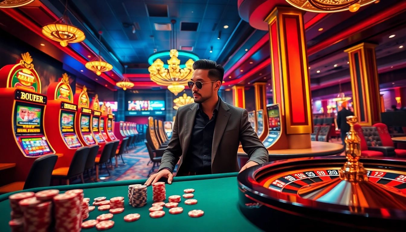 Engage with the thrilling online gambling experience at https://rr88.auction/, featuring poker chips and a roulette wheel.