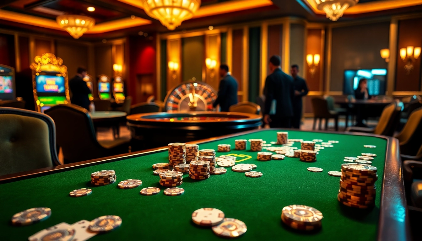 An exhilarating scene of gamblers at a luxurious table featuring bet88b.us.com, showcasing cards and chips in a vibrant casino setting.