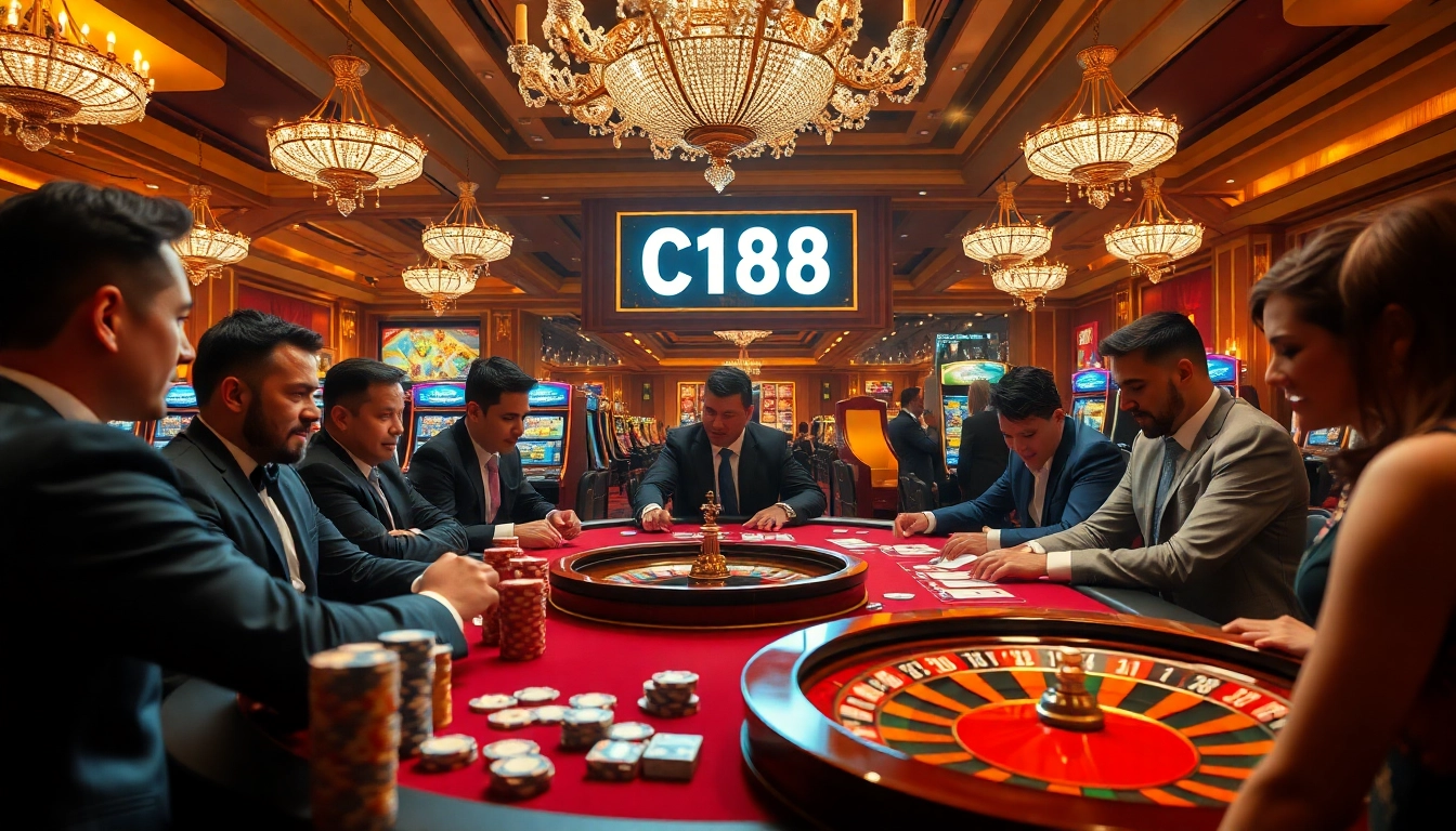 Professional gamblers strategize at a C168 poker table in an upscale casino environment.