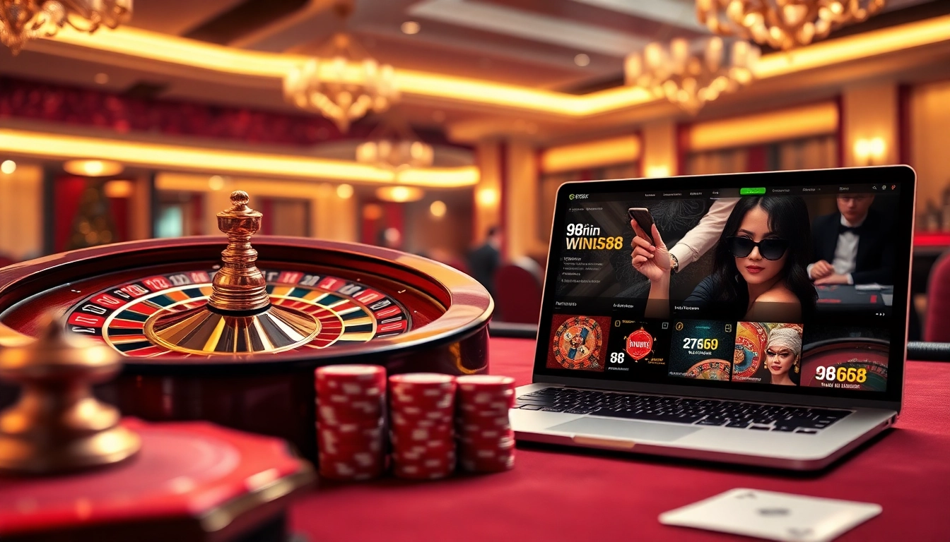 Experience the thrill of online gaming at 98win58 with a luxurious casino scene featuring roulette and poker action.