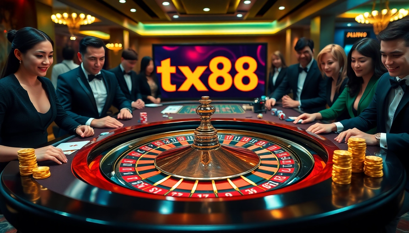 Excitement at a luxury casino featuring a roulette table and tx88 poker chips.