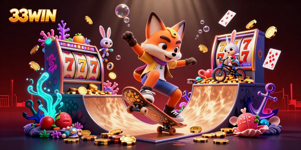 Experience thrilling gameplay action with 33WIN's vibrant casino-themed illustration!
