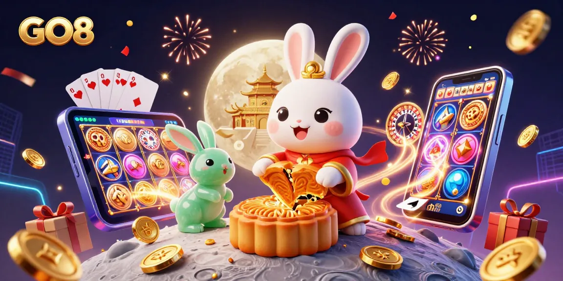 Experience GO8 with a vibrant gaming scene showcasing a moon rabbit and dynamic casino elements.