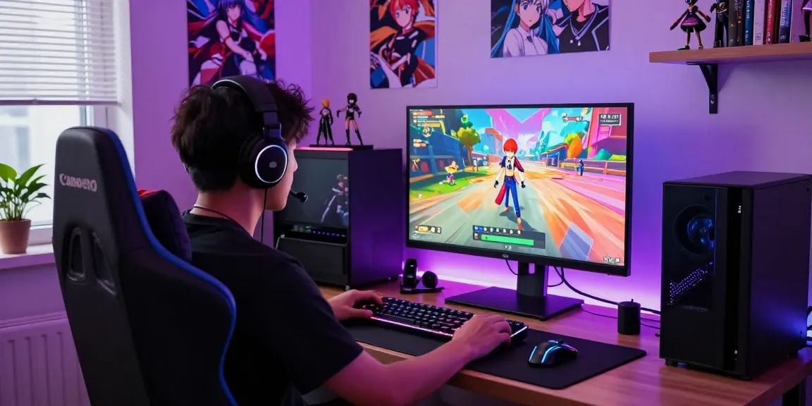 Engaged gamer playing a hentai game on a vibrant setup showcasing colorful game graphics and anime decor.