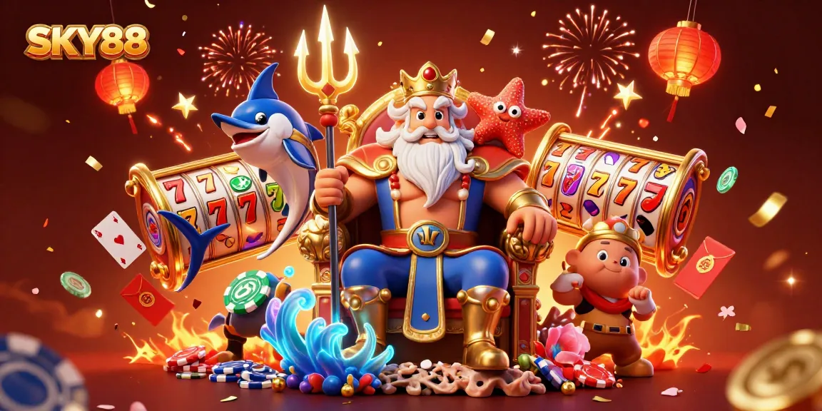 Experience exciting gameplay at SKY88 with vibrant slot reels and festive casino elements in this energetic illustration.