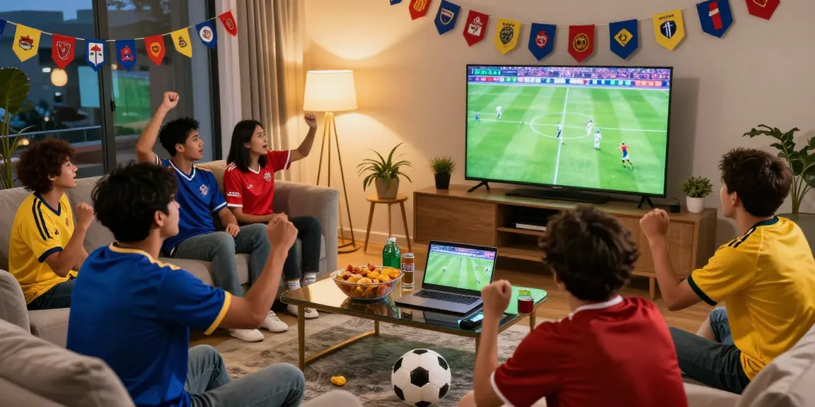 Excited fans celebrating football matches in a vibrant living room, فشار هنا للمشاهدة for live updates.