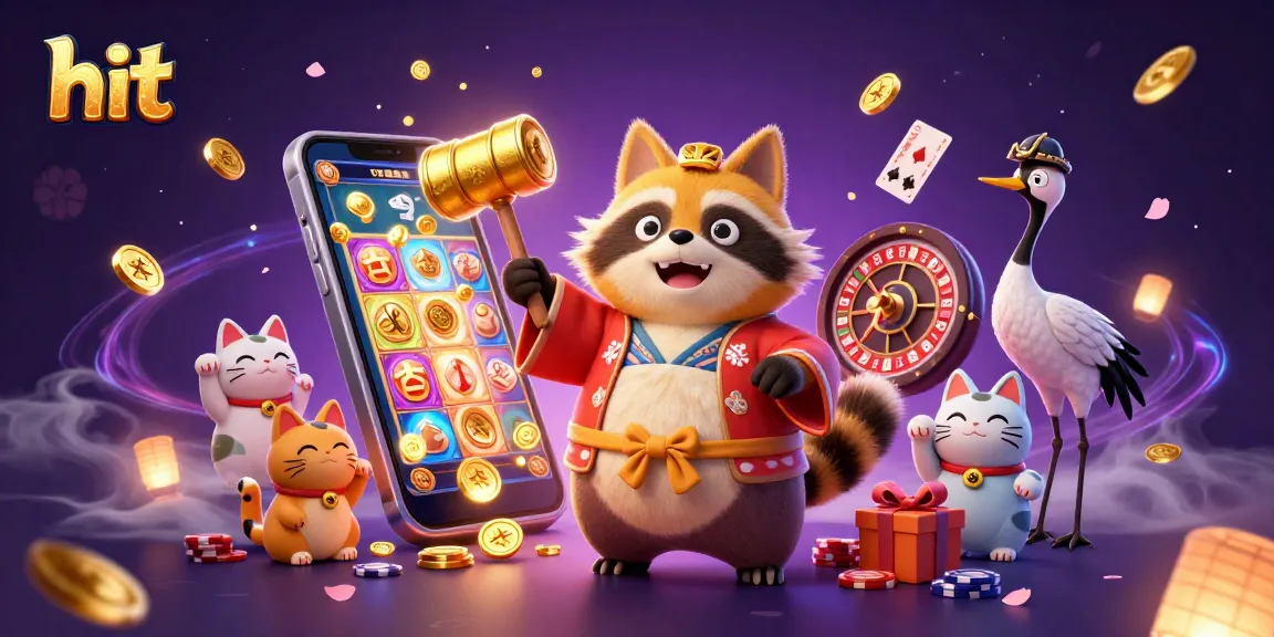 Hit online casino experience with cheerful tanuki, crane, and fortune cats surrounded by exciting game elements.